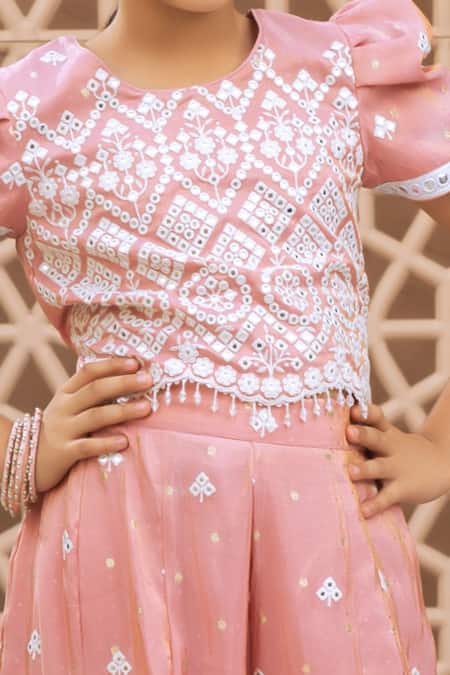 Fayon Kids_Pink Tissue, Organza Embroidery, Mirrors Top And Palazzo Set _Online_at_Aza_Fashions