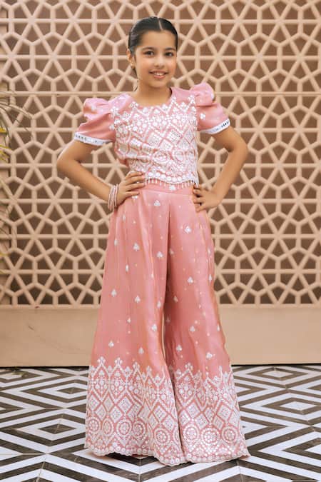 Fayon Kids Pink Tissue, Organza Embroidery, Mirrors Top And Palazzo Set 