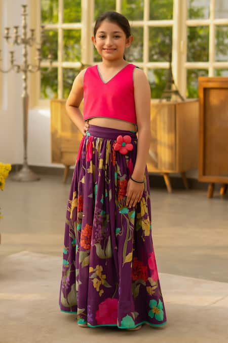 Fayon Kids Pink Cotton Bows, Fabric Flowers Plain Top And Floral Pattern Skirt Set 