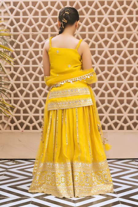 Fayon Kids Yellow Embroidered Kurti Lehenga Set 