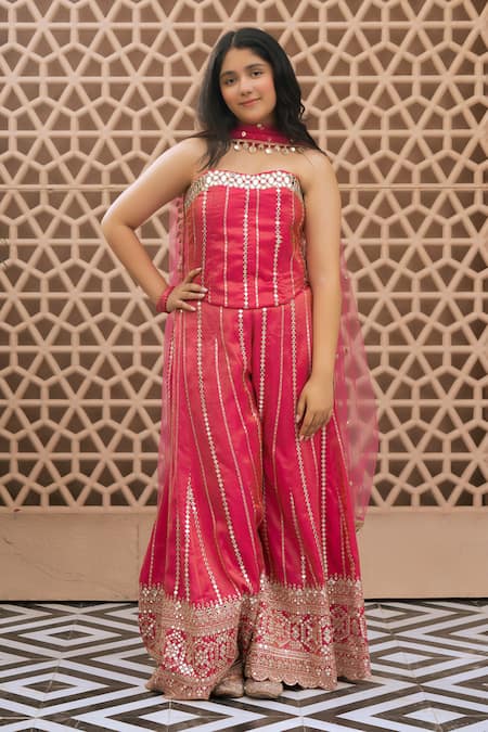 Fayon Kids Pink Tissue, Organza, Net Mirrors, Embroidery, Zari, Gota Patti Top Sharara Set 