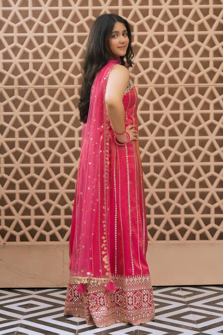 Buy_Fayon Kids_Pink Tissue, Organza, Net Mirrors, Embroidery, Zari, Gota Patti Top Sharara Set _Online_at_Aza_Fashions