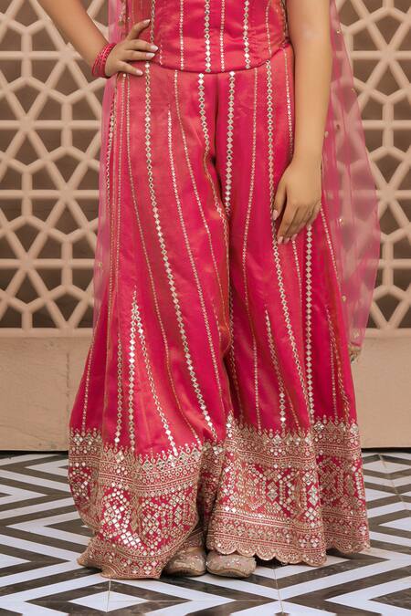 Shop_Fayon Kids_Pink Tissue, Organza, Net Mirrors, Embroidery, Zari, Gota Patti Top Sharara Set _Online_at_Aza_Fashions