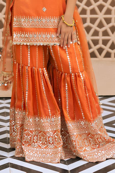 Shop_Fayon Kids_Orange Tissue, Organza, Net Mirrors, Sequins, Embroidery Kurta Sharara Set _Online_at_Aza_Fashions