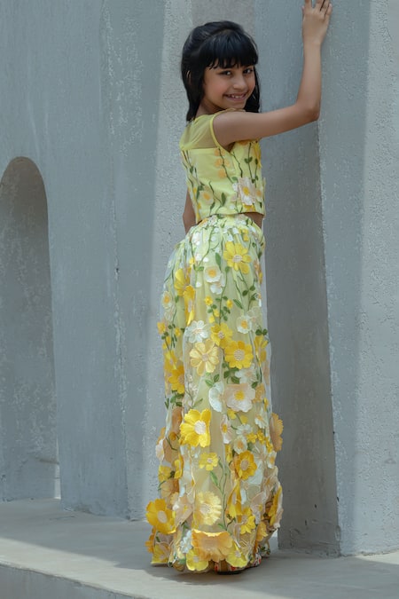 Shop Fayon Kids Yellow Organza Embroidery 3d Floral Work Top With Palazzo at Aza Fashions Shop_Fayon Kids_Yellow Organza Embroidery 3d Floral Work Top With Palazzo _at_Aza_Fashions
