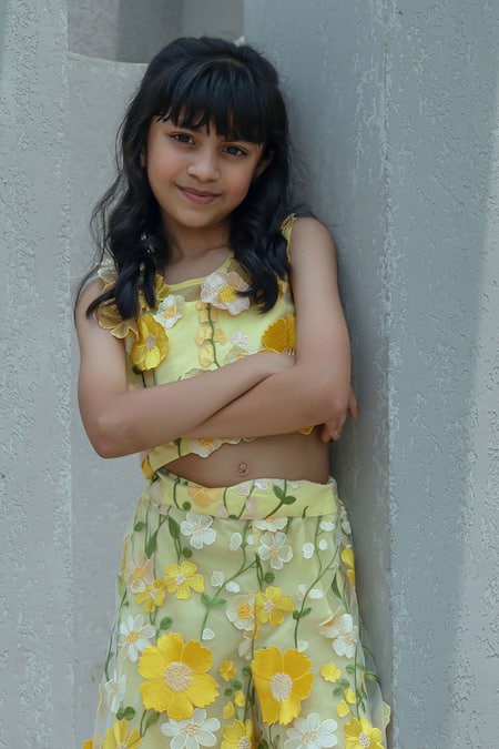 Shop Fayon Kids Yellow Organza Embroidery 3d Floral Work Top With Palazzo Online at Aza Fashions Shop_Fayon Kids_Yellow Organza Embroidery 3d Floral Work Top With Palazzo _Online_at_Aza_Fashions