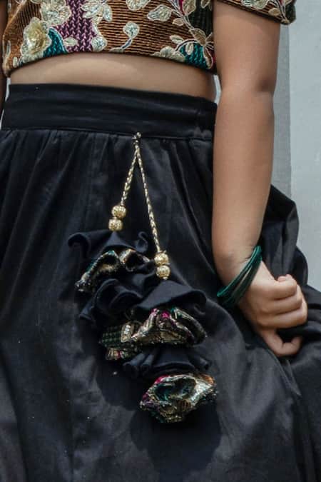 Fayon Kids_Black Dupion Zari, Embroidery Lehenga Set _Online_at_Aza_Fashions