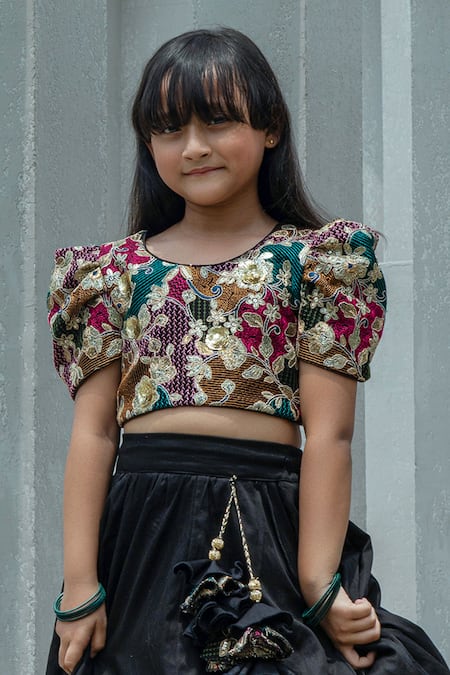 Buy_Fayon Kids_Black Dupion Zari, Embroidery Lehenga Set _Online_at_Aza_Fashions