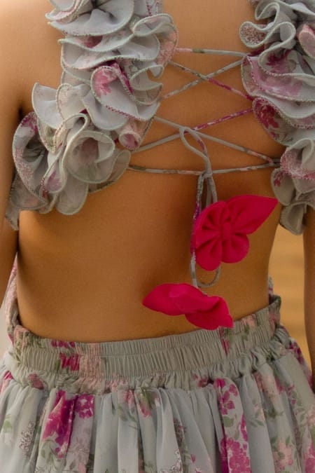 Fayon Kids_Green Chiffon Ruffles, Fabric Flowers Floral Print Dress _Online_at_Aza_Fashions