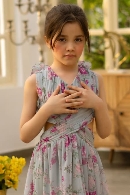 Buy_Fayon Kids_Green Chiffon Ruffles, Fabric Flowers Floral Print Dress _Online_at_Aza_Fashions