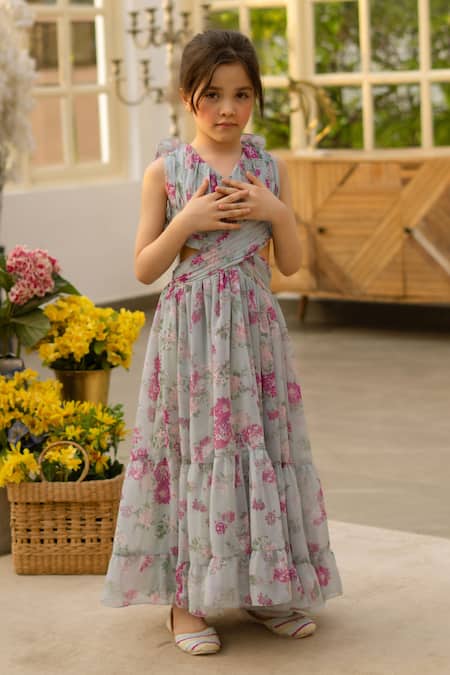 Shop_Fayon Kids_Green Chiffon Ruffles, Fabric Flowers Floral Print Dress _Online_at_Aza_Fashions