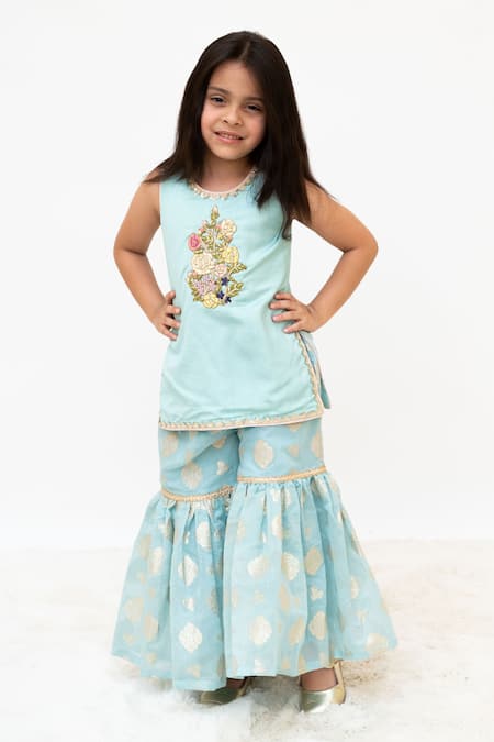 Fayon Kids Aqua Cotton, Brocade Embroidery, Sequins, Zari Floral Kurta With Sharara Online at Aza Fashions Fayon Kids_Aqua Cotton, Brocade Embroidery, Sequins, Zari Floral Kurta With Sharara _Online_at_Aza_Fashions