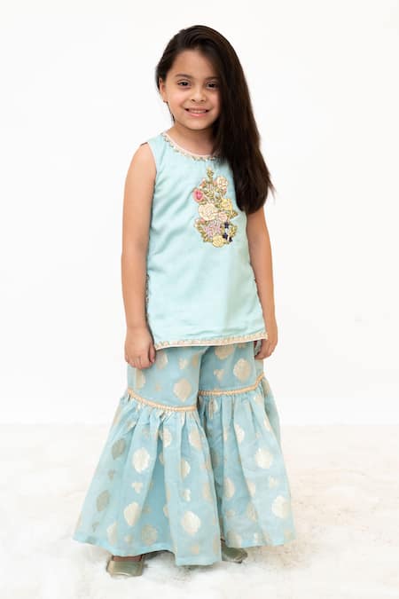 Buy Fayon Kids Aqua Cotton, Brocade Embroidery, Sequins, Zari Floral Kurta With Sharara Online at Aza Fashions Buy_Fayon Kids_Aqua Cotton, Brocade Embroidery, Sequins, Zari Floral Kurta With Sharara _Online_at_Aza_Fashions
