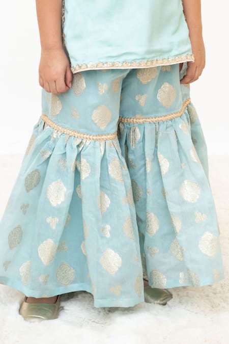 Shop Fayon Kids Aqua Cotton, Brocade Embroidery, Sequins, Zari Floral Kurta With Sharara Online at Aza Fashions Shop_Fayon Kids_Aqua Cotton, Brocade Embroidery, Sequins, Zari Floral Kurta With Sharara _Online_at_Aza_Fashions