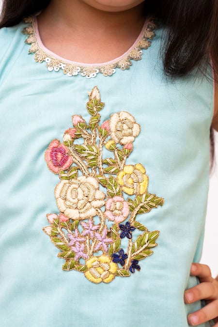 Fayon Kids Aqua Cotton, Brocade Embroidery, Sequins, Zari Floral Kurta With Sharara at Aza Fashions Fayon Kids_Aqua Cotton, Brocade Embroidery, Sequins, Zari Floral Kurta With Sharara _at_Aza_Fashions