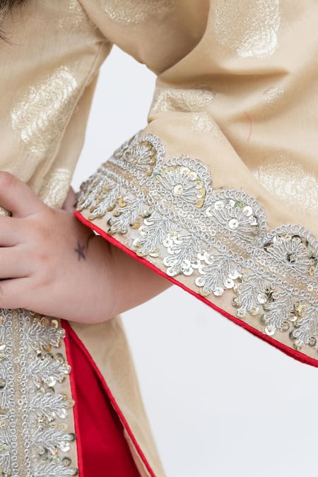 Fayon Kids_Gold Brocade, Cotton Sequins, Zari Kurta With Pant _Online_at_Aza_Fashions