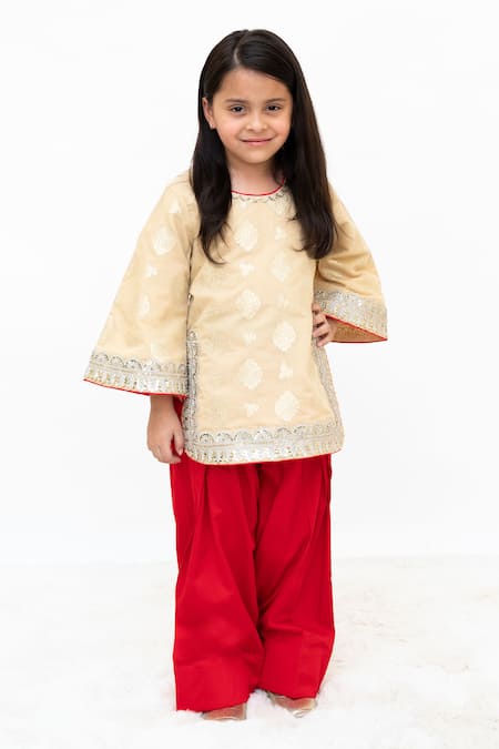 Fayon Kids Gold Brocade, Cotton Sequins, Zari Kurta With Pant 