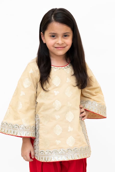 Shop_Fayon Kids_Gold Brocade, Cotton Sequins, Zari Kurta With Pant _Online_at_Aza_Fashions