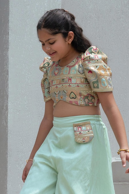 Fayon Kids_Mint Tissue, Organza Embroidery Pista Green Crop Top With Palazzo _Online_at_Aza_Fashions