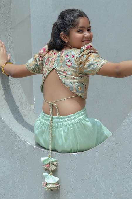 Buy_Fayon Kids_Mint Tissue, Organza Embroidery Pista Green Crop Top With Palazzo _Online_at_Aza_Fashions