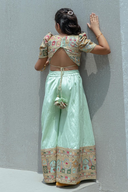 Fayon Kids Pista Green Embroidered Crop Top With Palazzo 