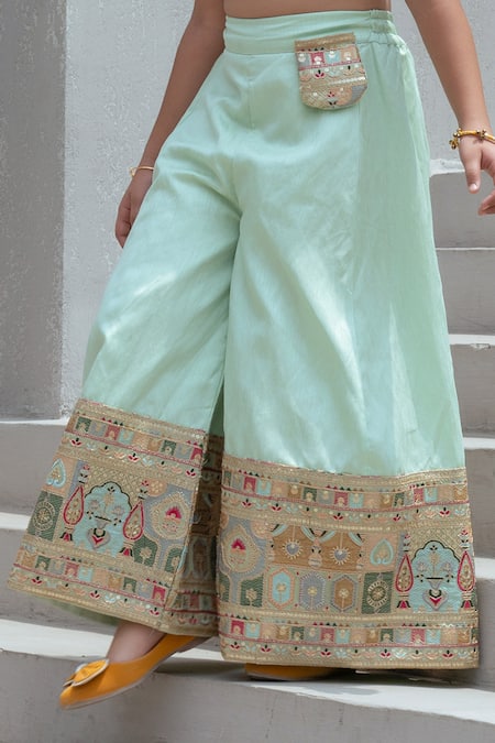Shop_Fayon Kids_Mint Tissue, Organza Embroidery Pista Green Crop Top With Palazzo _Online_at_Aza_Fashions