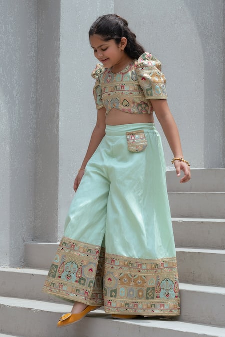 Fayon Kids Mint Tissue, Organza Embroidery Pista Green Crop Top With Palazzo 