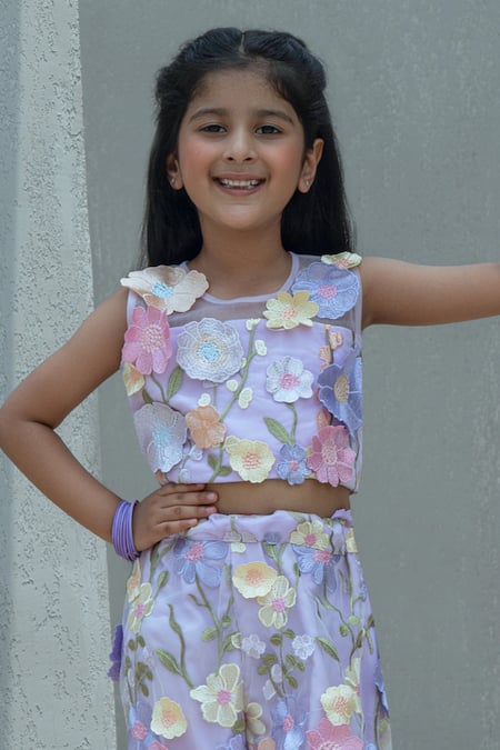Fayon Kids_Lilac Organza Embroidery, Fabric Flowers Floral Top With Pant _Online_at_Aza_Fashions