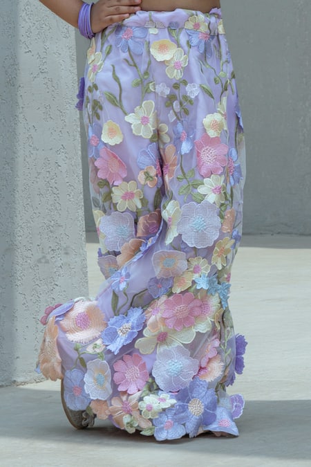 Buy_Fayon Kids_Lilac Organza Embroidery, Fabric Flowers Floral Top With Pant _Online_at_Aza_Fashions