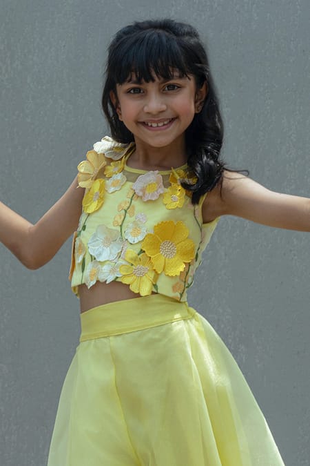 Fayon Kids_Yellow Organza Embroidery, Fabric Flowers Floral Top With Palazzo _Online_at_Aza_Fashions