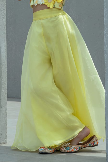 Buy_Fayon Kids_Yellow Organza Embroidery, Fabric Flowers Floral Top With Palazzo _Online_at_Aza_Fashions