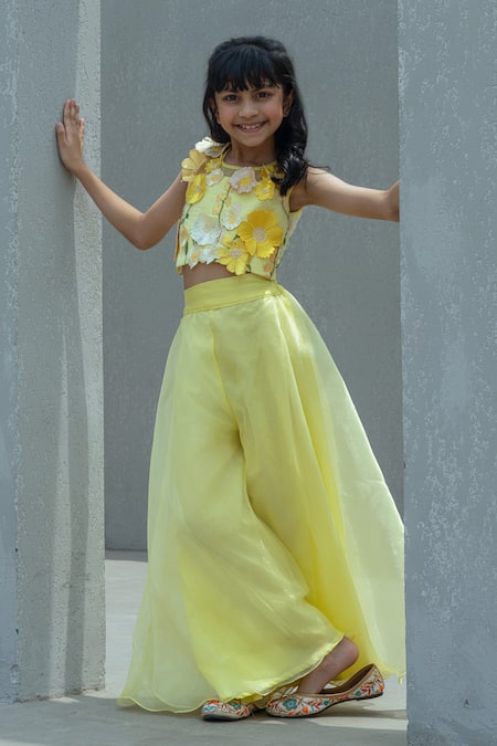 Fayon Kids Yellow Organza Embroidery, Fabric Flowers Floral Top With Palazzo 