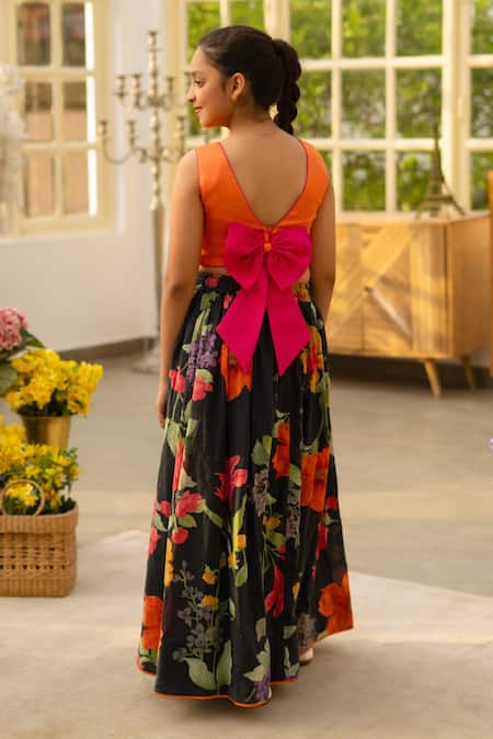Fayon Kids Orange Crop Top With Printed Skirt 