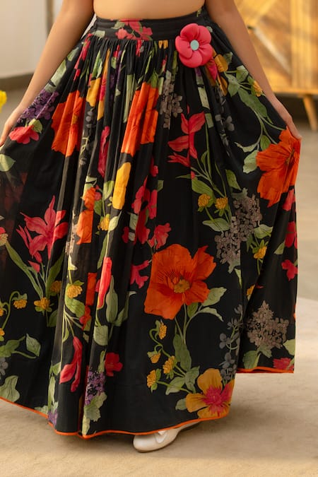 Shop Fayon Kids Orange Cotton Fabric Flowers Crop Top With Printed Skirt Online at Aza Fashions Shop_Fayon Kids_Orange Cotton Fabric Flowers Crop Top With Printed Skirt _Online_at_Aza_Fashions