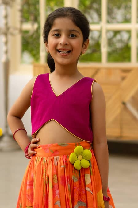 Buy Fayon Kids Fuchsia Cotton Fabric Flowers Purple Crop Top With Printed Skirt Online at Aza Fashions Buy_Fayon Kids_Fuchsia Cotton Fabric Flowers Purple Crop Top With Printed Skirt _Online_at_Aza_Fashions