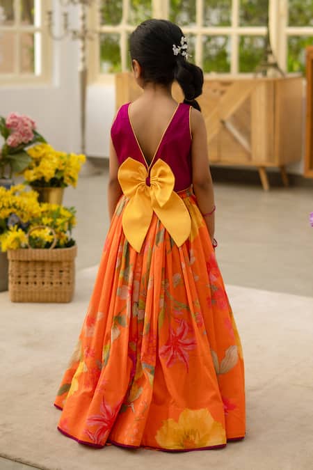 Shop Fayon Kids Fuchsia Cotton Fabric Flowers Purple Crop Top With Printed Skirt at Aza Fashions Shop_Fayon Kids_Fuchsia Cotton Fabric Flowers Purple Crop Top With Printed Skirt _at_Aza_Fashions