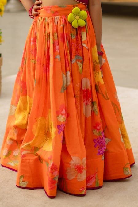 Shop Fayon Kids Fuchsia Cotton Fabric Flowers Purple Crop Top With Printed Skirt Online at Aza Fashions Shop_Fayon Kids_Fuchsia Cotton Fabric Flowers Purple Crop Top With Printed Skirt _Online_at_Aza_Fashions