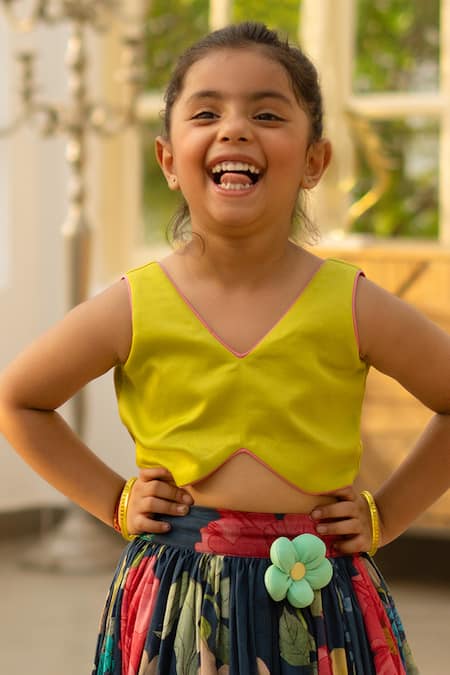 Fayon Kids_Yellow Cotton Fabric Flowers Green Crop Top With Printed Skirt _Online_at_Aza_Fashions
