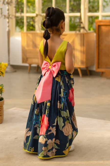 Fayon Kids Green Crop Top With Printed Skirt