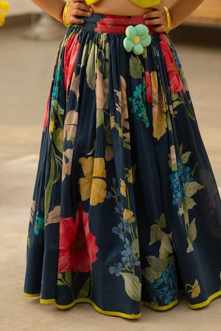 Buy_Fayon Kids_Yellow Cotton Fabric Flowers Green Crop Top With Printed Skirt _Online_at_Aza_Fashions