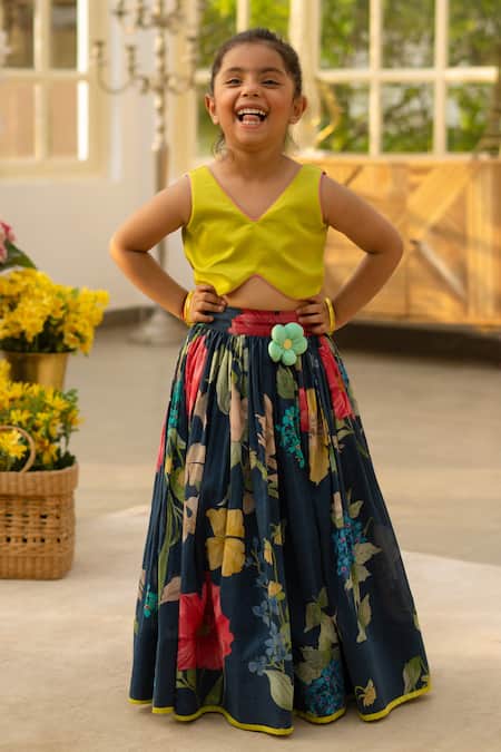 Fayon Kids Yellow Cotton Fabric Flowers Green Crop Top With Printed Skirt 