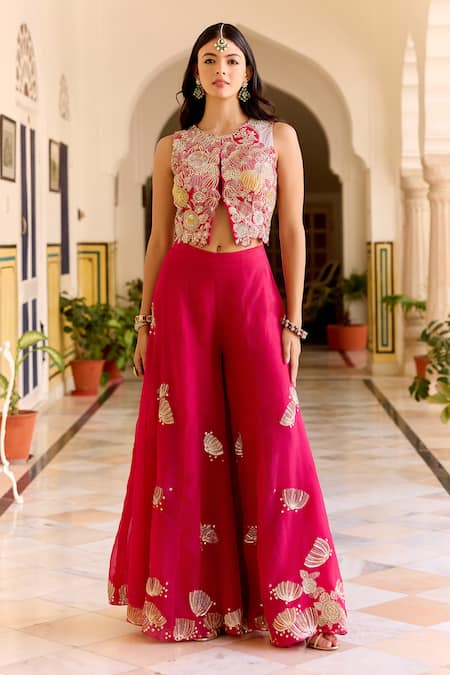 Osaa By Adarsh Pink Organza Zari, Embroidery, Applique Round Neck Cut Ruby Top And Gharara Set 