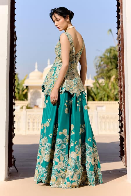 Osaa By Adarsh Pine Green Embroidered Peplum Top & Gharara Set 