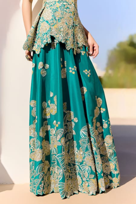 Buy_Osaa By Adarsh_Green Silk Embroidery, Zari V-neck Pine Peplum Top And Gharara Set _Online_at_Aza_Fashions