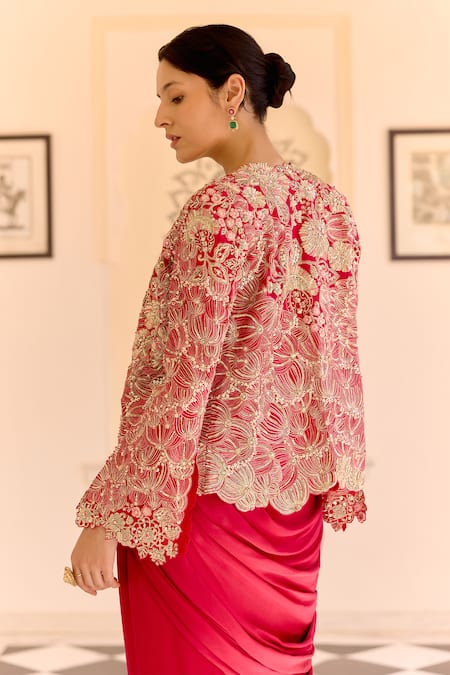 Osaa By Adarsh Cut Ruby Embroidered Open Jacket & Draped Set 