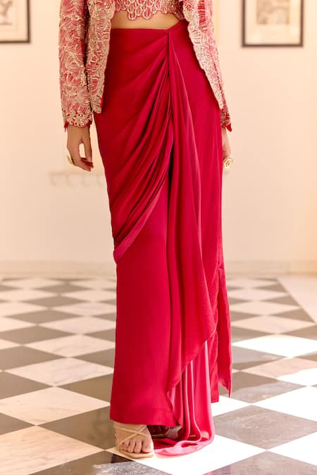 Osaa By Adarsh_Red Silk Embroidery, Zari Open , Scoop Cut Ruby Jacket And Draped Set _Online_at_Aza_Fashions