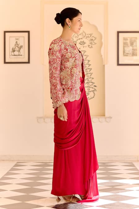 Buy_Osaa By Adarsh_Red Silk Embroidery, Zari Open , Scoop Cut Ruby Jacket And Draped Set _Online_at_Aza_Fashions