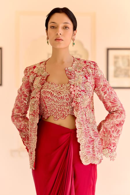 Shop_Osaa By Adarsh_Red Silk Embroidery, Zari Open , Scoop Cut Ruby Jacket And Draped Set _Online_at_Aza_Fashions