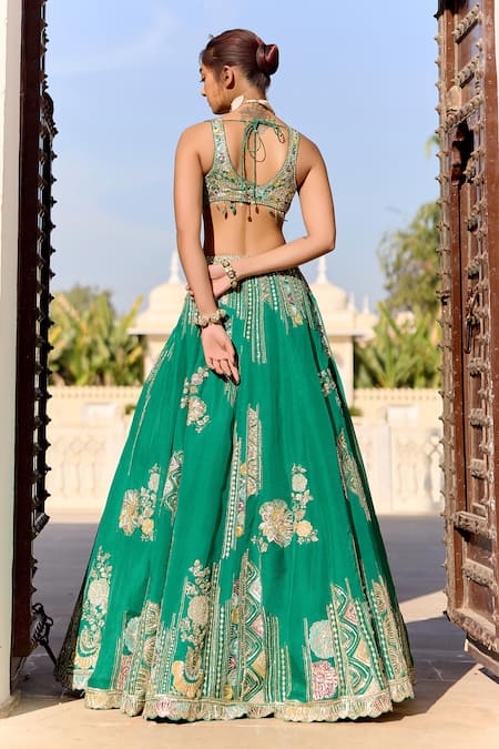 Buy_Osaa By Adarsh_Green Organza Embroidery, Zari, Beads, Tassels, Stones, Jewel Lehenga Set _Online_at_Aza_Fashions