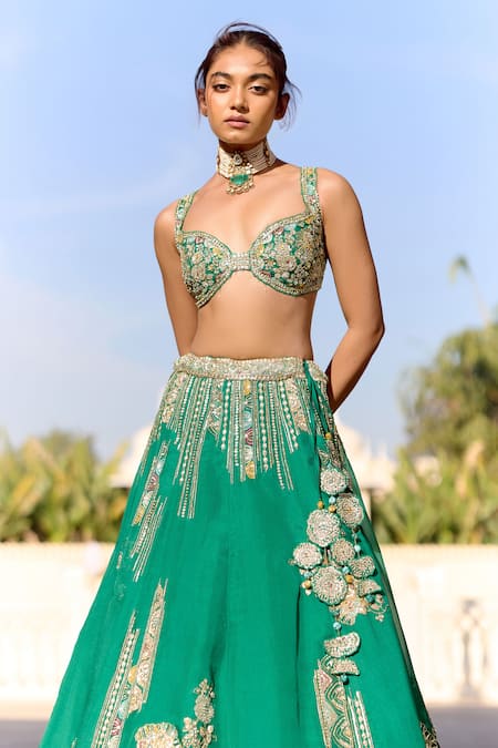 Shop_Osaa By Adarsh_Green Organza Embroidery, Zari, Beads, Tassels, Stones, Jewel Lehenga Set _Online_at_Aza_Fashions